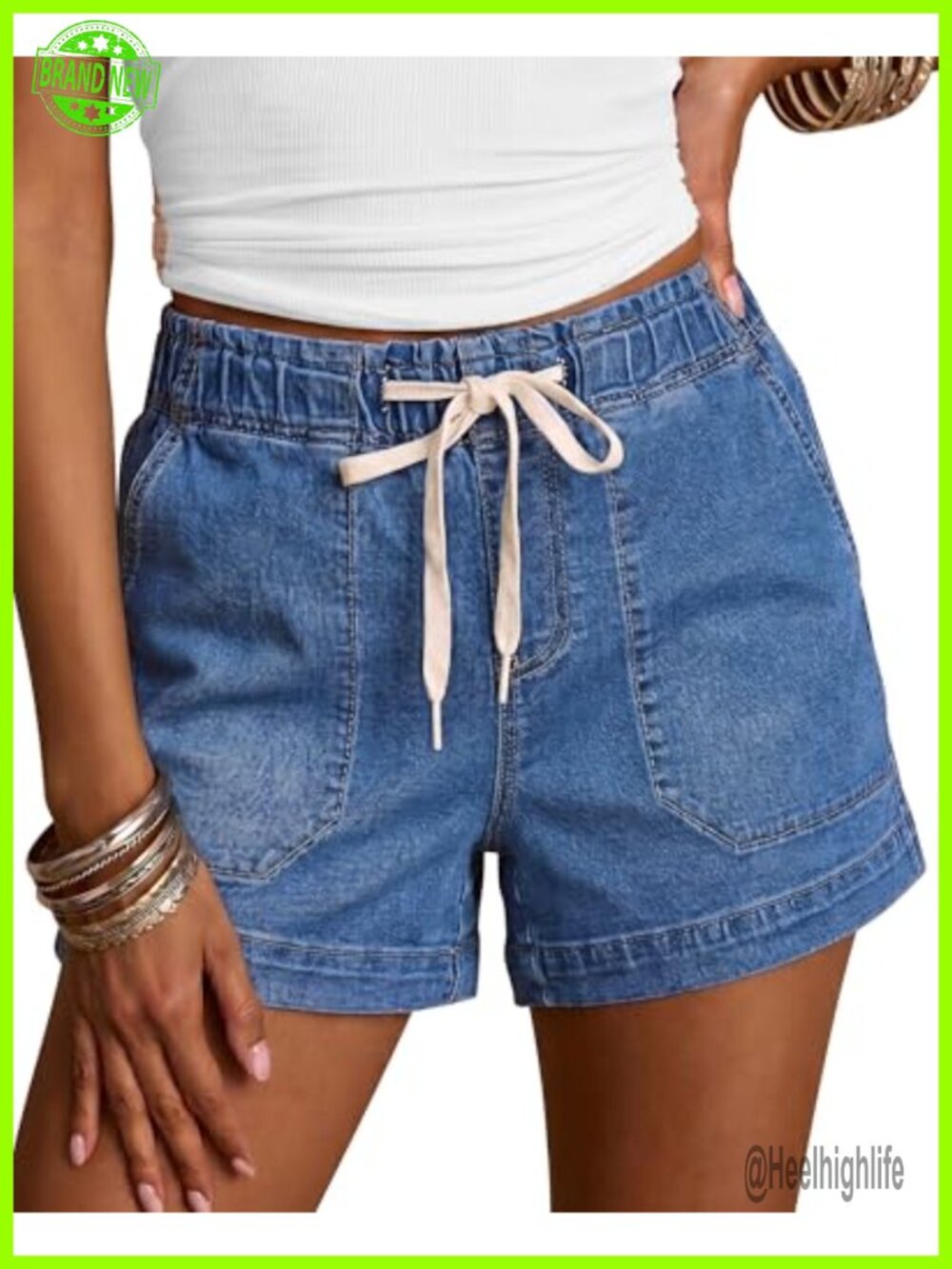 High Waisted Pull On Denim Jean Shorts with Pockets